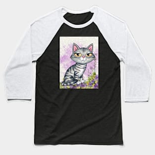 Cute Gray Tabby Kitty with purplish background and flowers Baseball T-Shirt